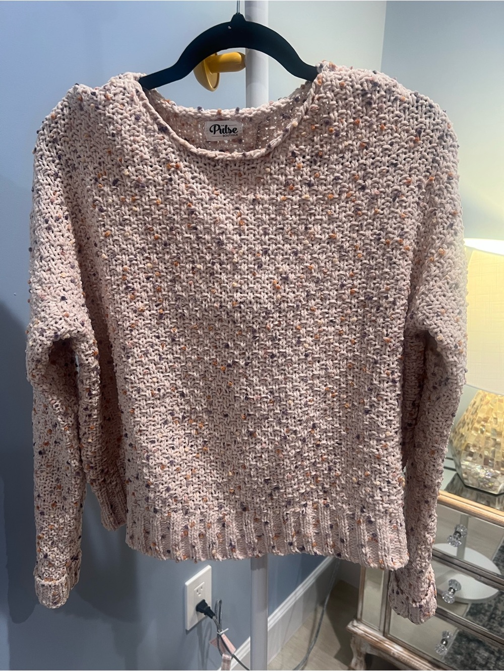 Pulse Pink Speckled Crochet-Style Crewneck Sweater